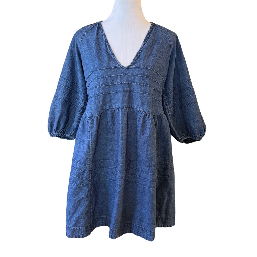 Free People Denim Mini Dress Women L Blue Open Back Tie Babydoll Puff Boho